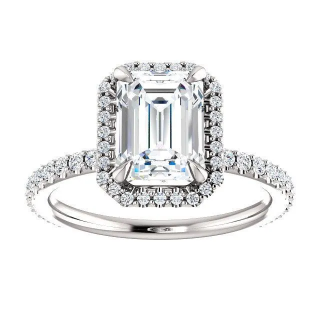 Fire Brilliance Rings Emerald Moissanite Diamond Accent Ice Halo Collar Ring