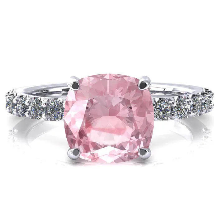 Fire Brilliance Rings Mylene Cushion Pink Sapphire 4 Prong Sculptural Half Eternity Diamond Engagement Ring