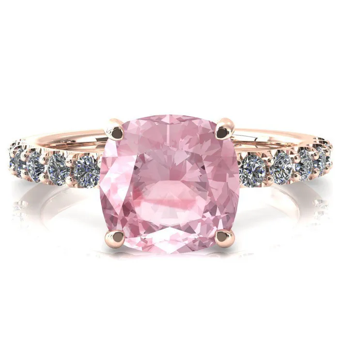 Fire Brilliance Rings Mylene Cushion Pink Sapphire 4 Prong Sculptural Half Eternity Diamond Engagement Ring