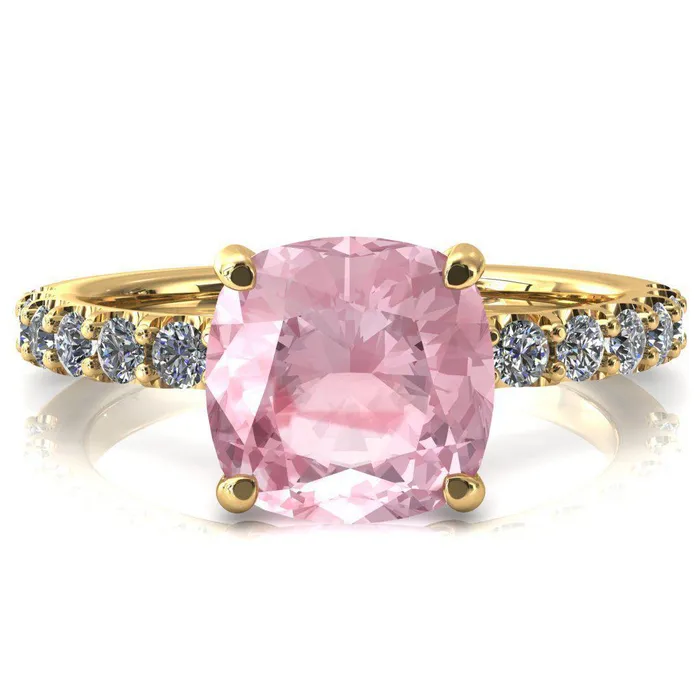 Fire Brilliance Rings Mylene Cushion Pink Sapphire 4 Prong Sculptural Half Eternity Diamond Engagement Ring