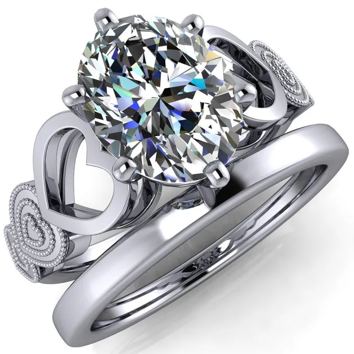 Fire Brilliance Rings Triple Sweetheart Oval Center Stone Cathedral Set 6 Prong Engagement Ring