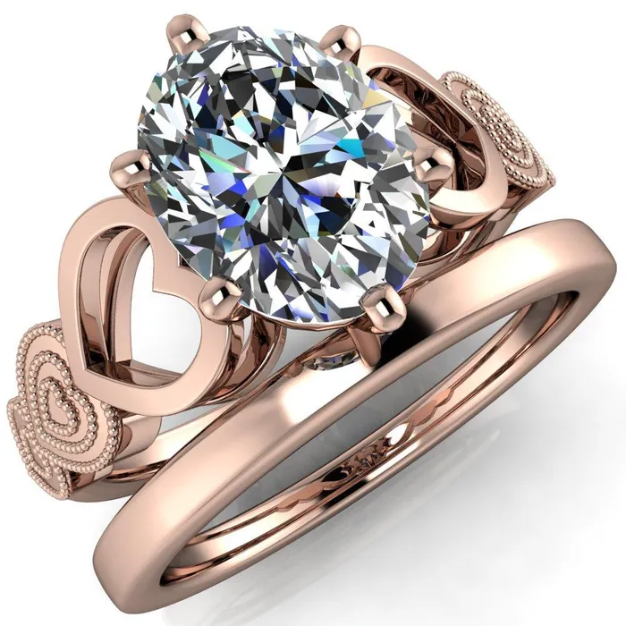 Fire Brilliance Rings Triple Sweetheart Oval Center Stone Cathedral Set 6 Prong Engagement Ring