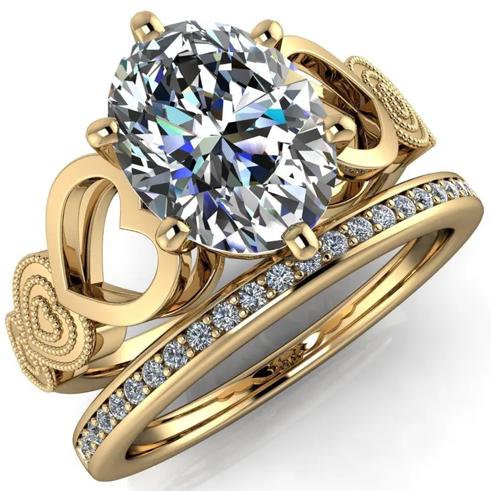 Fire Brilliance Rings Triple Sweetheart Oval Center Stone Cathedral Set 6 Prong Engagement Ring