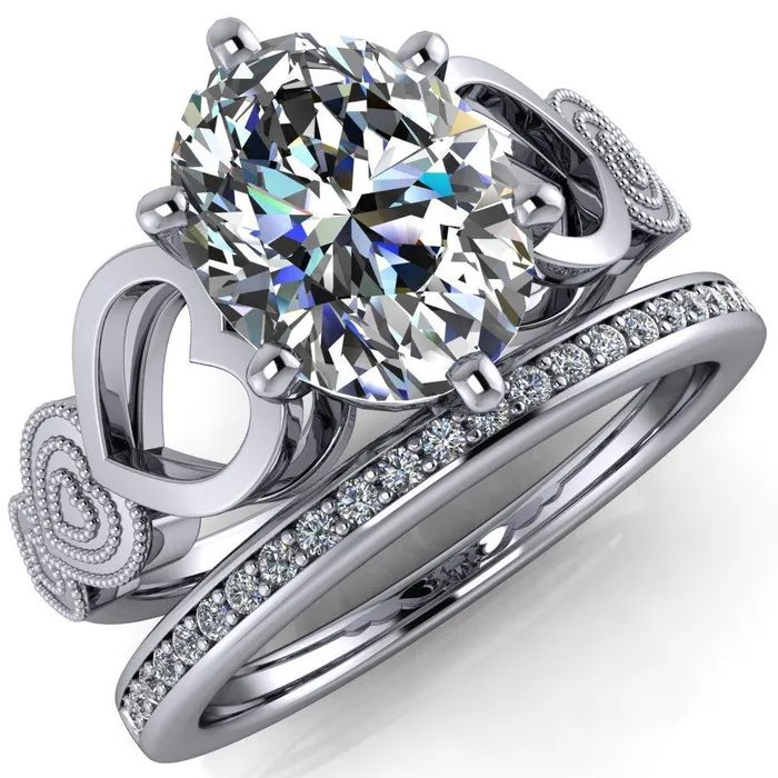 Fire Brilliance Rings Triple Sweetheart Oval Center Stone Cathedral Set 6 Prong Engagement Ring