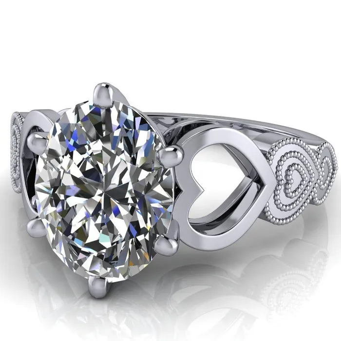 Fire Brilliance Rings Triple Sweetheart Oval Center Stone Cathedral Set 6 Prong Engagement Ring