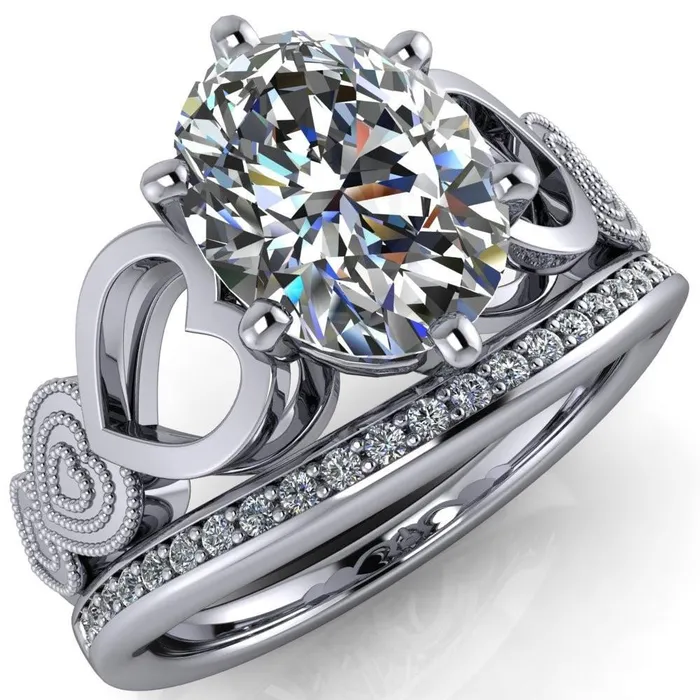 Fire Brilliance Rings Triple Sweetheart Oval Center Stone Cathedral Set 6 Prong Engagement Ring