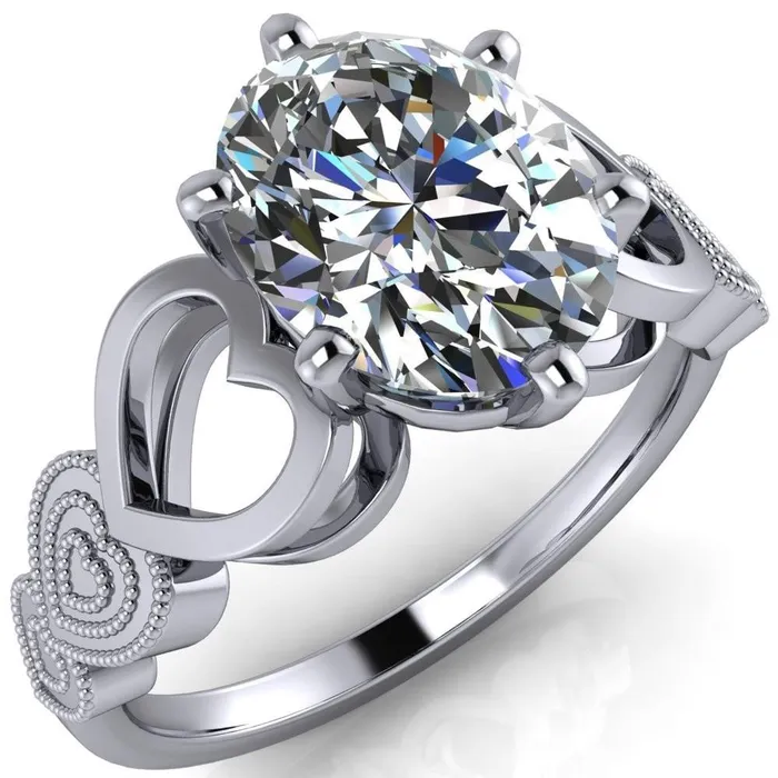 Fire Brilliance Rings Triple Sweetheart Oval Center Stone Cathedral Set 6 Prong Engagement Ring