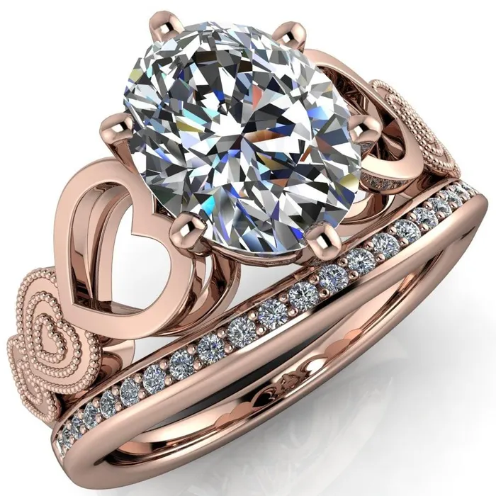 Fire Brilliance Rings Triple Sweetheart Oval Center Stone Cathedral Set 6 Prong Engagement Ring