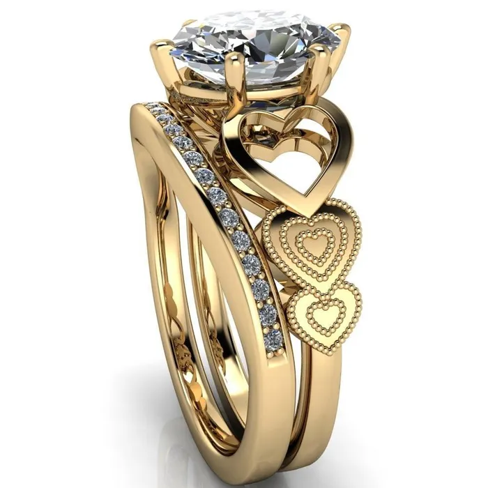 Fire Brilliance Rings Triple Sweetheart Oval Center Stone Cathedral Set 6 Prong Engagement Ring