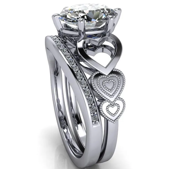 Fire Brilliance Rings Triple Sweetheart Oval Center Stone Cathedral Set 6 Prong Engagement Ring