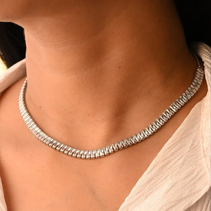 Jewelvers 18K GoldFilled Baguette Silver Tennis Necklace Necklaces Jewelvers 18K GoldFilled Baguette Silver Tennis Necklace Necklaces