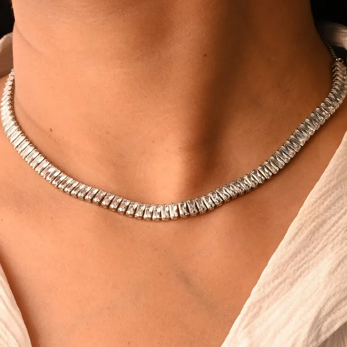 Jewelvers 18K GoldFilled Baguette Silver Tennis Necklace Necklaces Jewelvers 18K GoldFilled Baguette Silver Tennis Necklace Necklaces