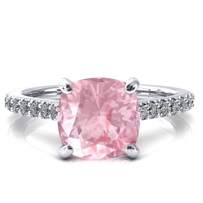 Kelsy Cushion Pink Sapphire 4 Prong 34 Shared Scalloped Inverted Cathedral Ring Fire Brilliance Rings