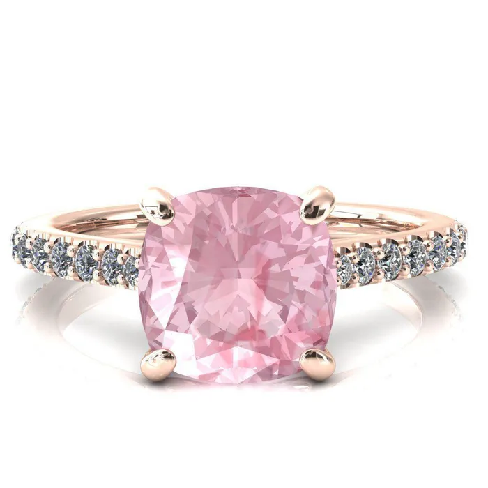Kelsy Cushion Pink Sapphire 4 Prong 34 Shared Scalloped Inverted Cathedral Ring Fire Brilliance Rings