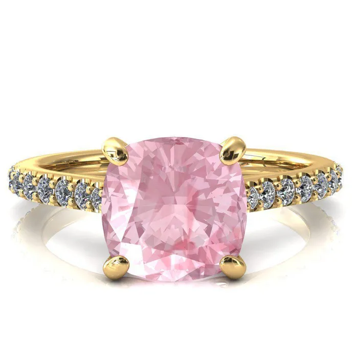 Kelsy Cushion Pink Sapphire 4 Prong 34 Shared Scalloped Inverted Cathedral Ring Fire Brilliance Rings