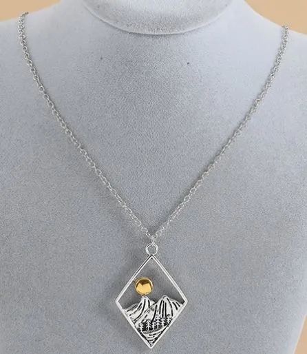 N1239 Silver Diamond Shaped Mountain Scene Necklace with FREE Earrings 01 Necklaces N1239 Silver Diamond Shaped Mountain Scene Necklace with FREE Earrings 01 Necklaces