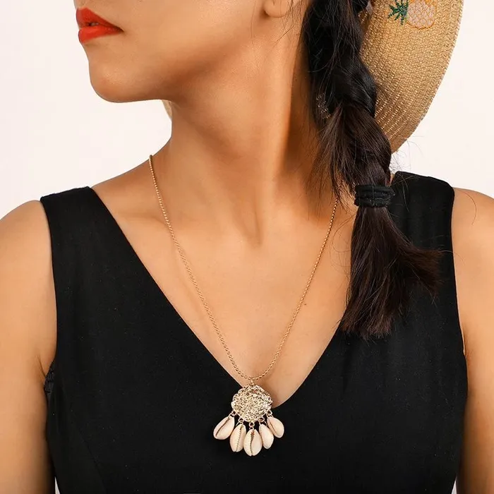 N1807 Gold Textured Seashell Tassel Necklace FREE Earrings 01 Earrings