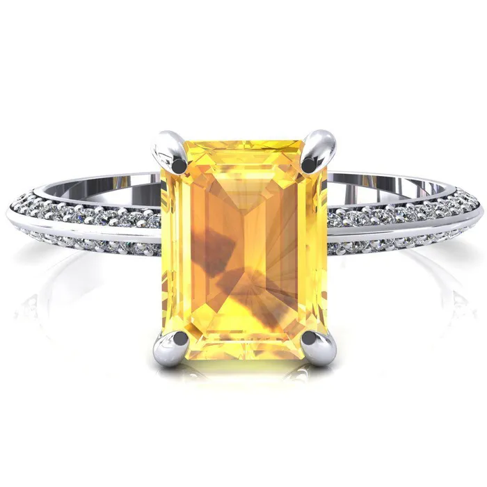 Nancy Emerald Yellow Sapphire 4 Prong 12 Eternity Diamond Knife Shank Accent Engagement Ring Fire Brilliance Rings Nancy Emerald Yellow Sapphire 4 Prong 12 Eternity Diamond Knife Shank Accent Engagement Ring Fire Brilliance Rings