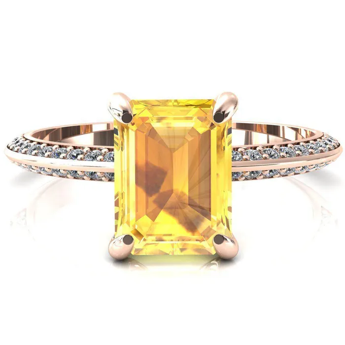 Nancy Emerald Yellow Sapphire 4 Prong 12 Eternity Diamond Knife Shank Accent Engagement Ring Fire Brilliance Rings
