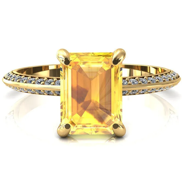 Nancy Emerald Yellow Sapphire 4 Prong 12 Eternity Diamond Knife Shank Accent Engagement Ring Fire Brilliance Rings