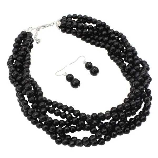Necklaces 01 N1896 Silver Black Pearl Multi Layer Necklace With FREE Earrings