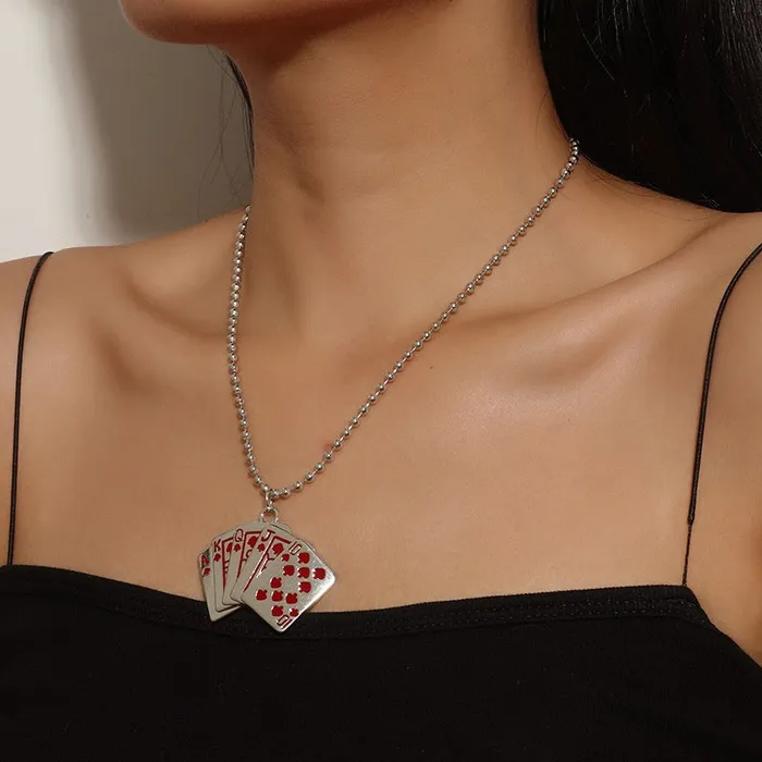 Necklaces 01 N614 Silver Red Playing Cards on Beaded Chain Necklace with FREE Earrings