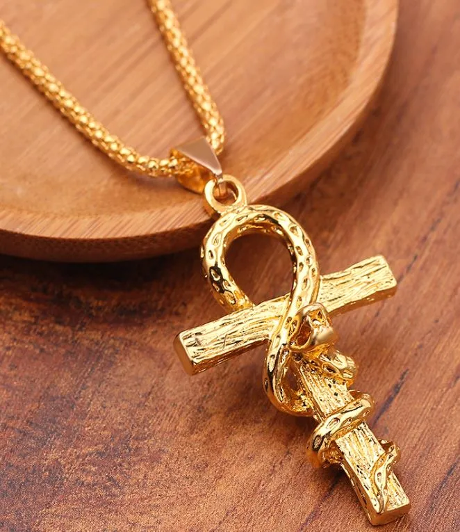 Necklaces N1318 Gold Ankh Cross with Snake Pendant Necklace alice