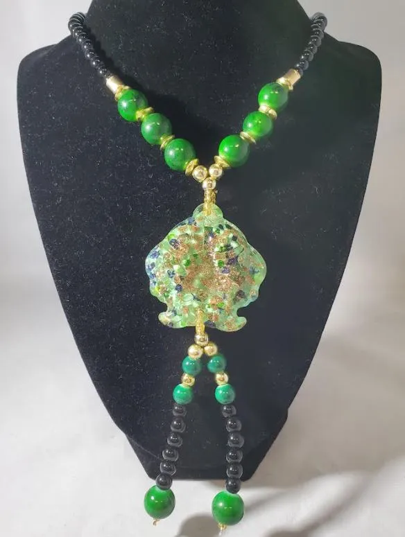 Necklaces polly N2122 Green Bead Glass Koi Fish Long Necklace With Free Earrings Necklaces polly N2122 Green Bead Glass Koi Fish Long Necklace With Free Earrings