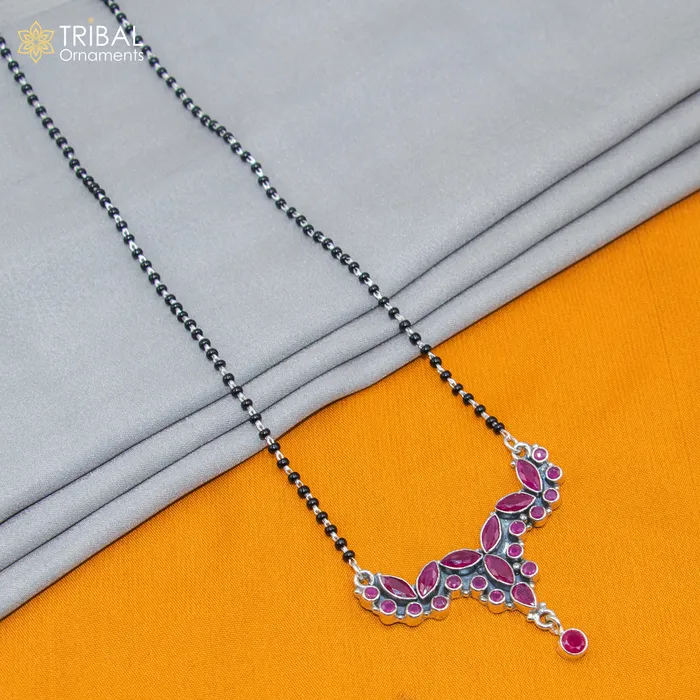 Necklaces TRIBAL ORNAMENTS 925 sterling silver black beads and red cut stone mangal sutra necklace brides Mangalsutra chunky necklace ms92