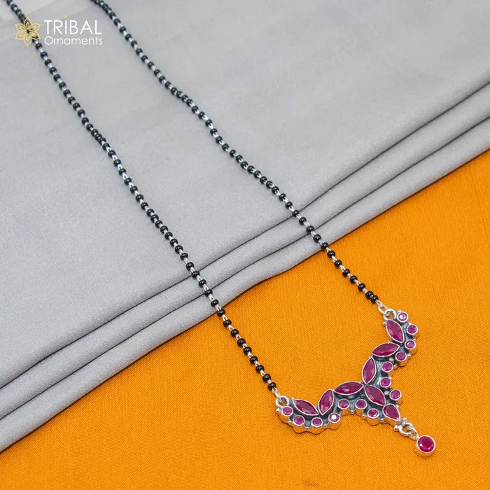 Necklaces TRIBAL ORNAMENTS 925 sterling silver black beads and red cut stone mangal sutra necklace brides Mangalsutra chunky necklace ms92