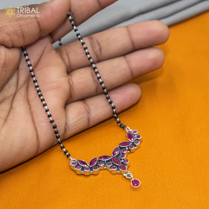 Necklaces TRIBAL ORNAMENTS 925 sterling silver black beads and red cut stone mangal sutra necklace brides Mangalsutra chunky necklace ms92