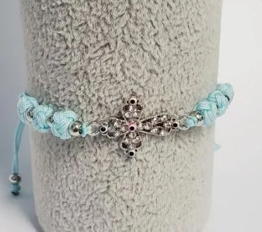 polly Bracelets B94 Light Blue Cord Rhinestone Cross Bracelet