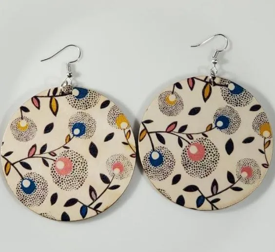 polly Earrings E887 Large Round Wooden Beige Floral Earrings