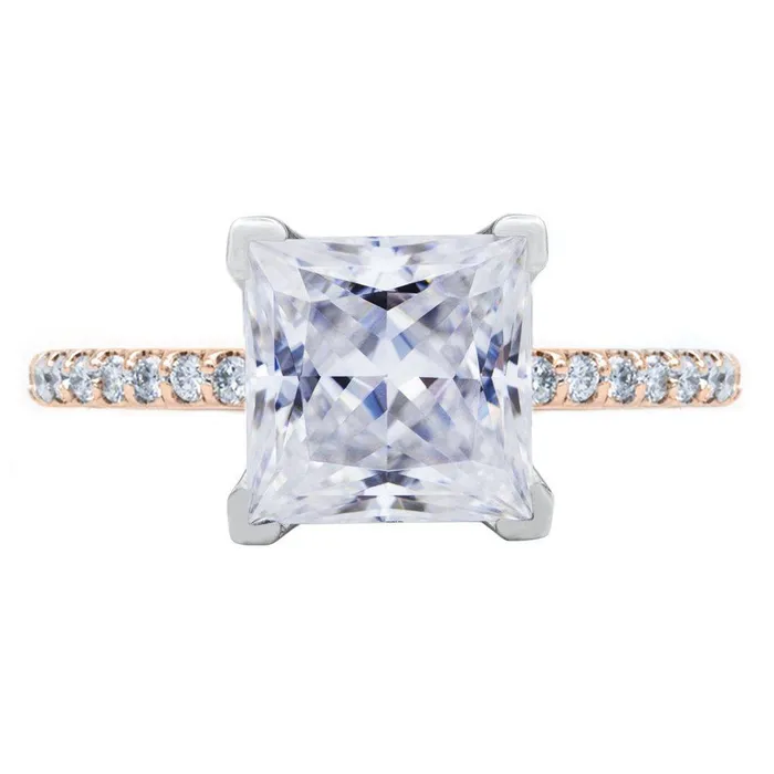 Princess Moissanite 4 Prongs Diamond Accent Ice Cathedral Solitaire Ring Fire Brilliance Rings