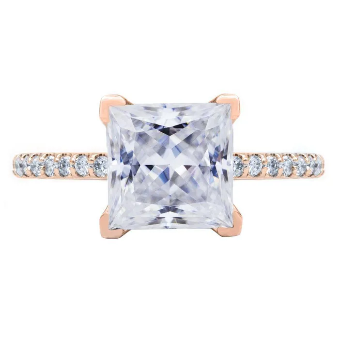 Princess Moissanite 4 Prongs Diamond Accent Ice Cathedral Solitaire Ring Fire Brilliance Rings
