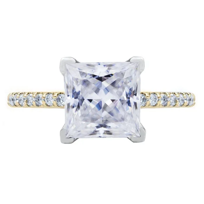 Princess Moissanite 4 Prongs Diamond Accent Ice Cathedral Solitaire Ring Fire Brilliance Rings