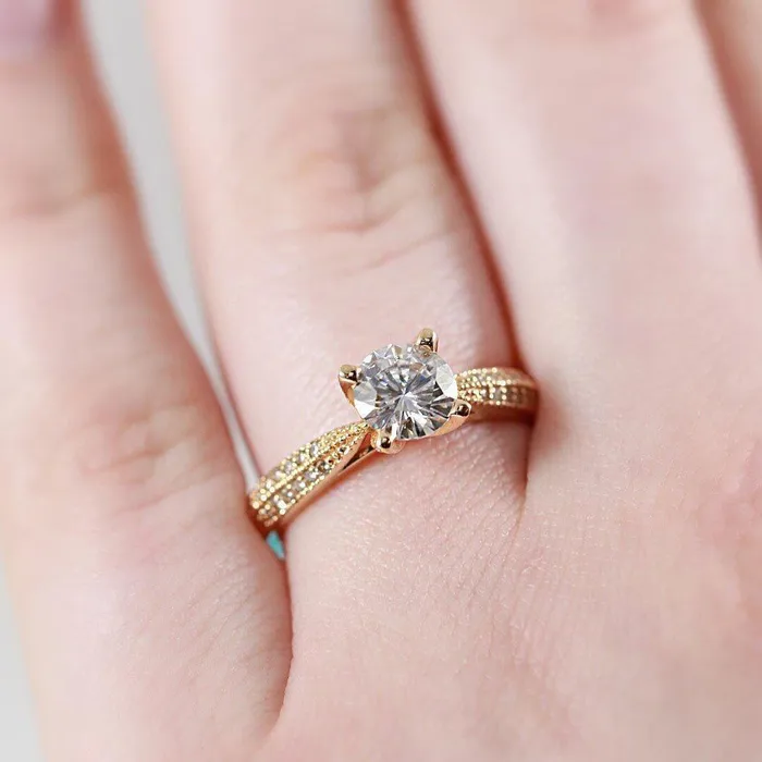 Rings Fire Brilliance 6mm Moissanite Accent Diamond 14K Yellow Gold Engagement Ring 1 Carat Total Weight