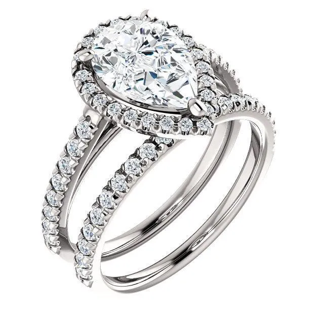 Rings Pear Moissanite Diamond Accent Ice Halo Cathedral Ring Fire Brilliance 