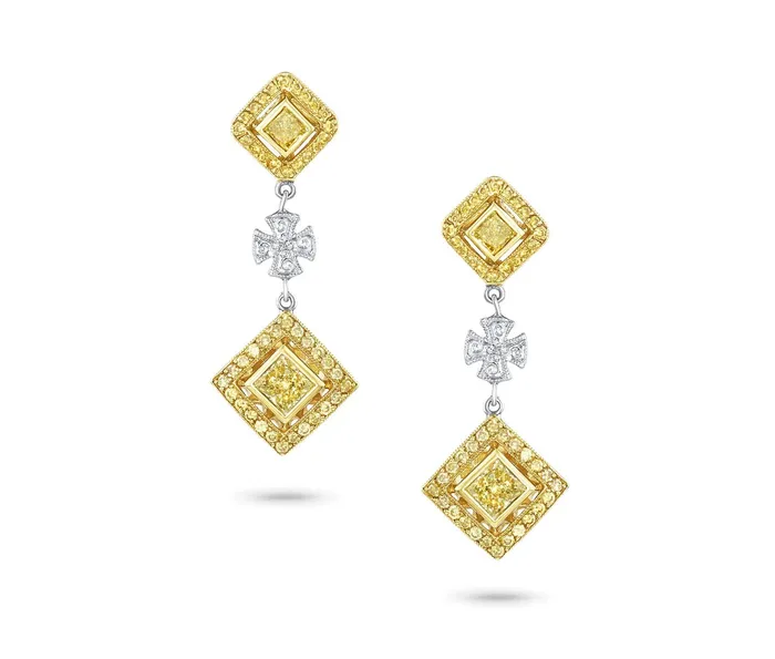 18k White Yellow Gold Fancy Yellow Diamond Maltese Cross Earrings CJ Charles Jewelers Earrings 18k White Yellow Gold Fancy Yellow Diamond Maltese Cross Earrings CJ Charles Jewelers Earrings