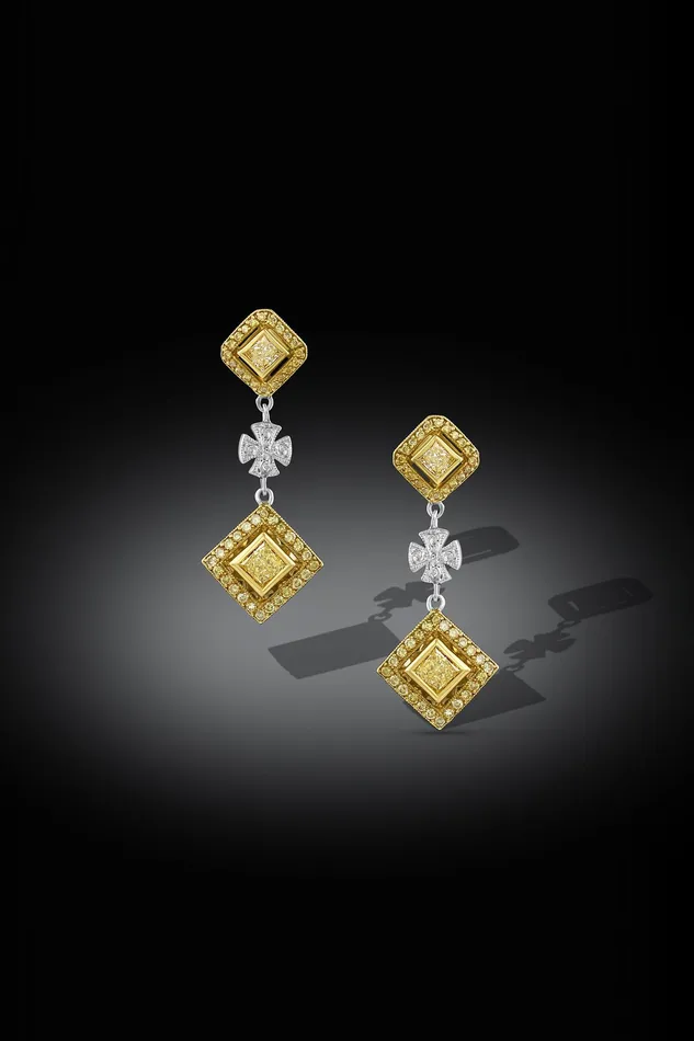 18k White Yellow Gold Fancy Yellow Diamond Maltese Cross Earrings CJ Charles Jewelers Earrings 18k White Yellow Gold Fancy Yellow Diamond Maltese Cross Earrings CJ Charles Jewelers Earrings