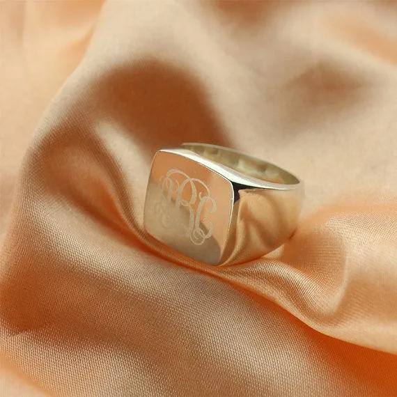 925 Sterling Silver Square Monogram Signet Ring Custom Initials Belbren Rings
