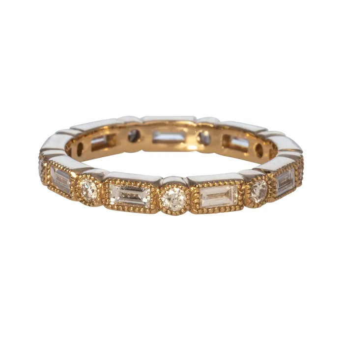 Baguette Round Diamond Eternity Milgrain 14K Yellow Gold Band Croghans Rings