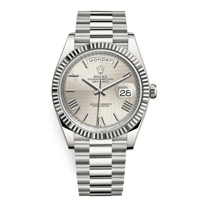 Bracelets Rolex Rolex Day Date 40mm Ref 2282390006 Silver Quadrant Motif Roman Dial Fluted Bezel 18K White Gold President Bracelet Mens Watch Bracelets Rolex Rolex Day Date 40mm Ref 2282390006 Silver Quadrant Motif Roman Dial Fluted Bezel 18K White Gold President Bracelet Mens Watch
