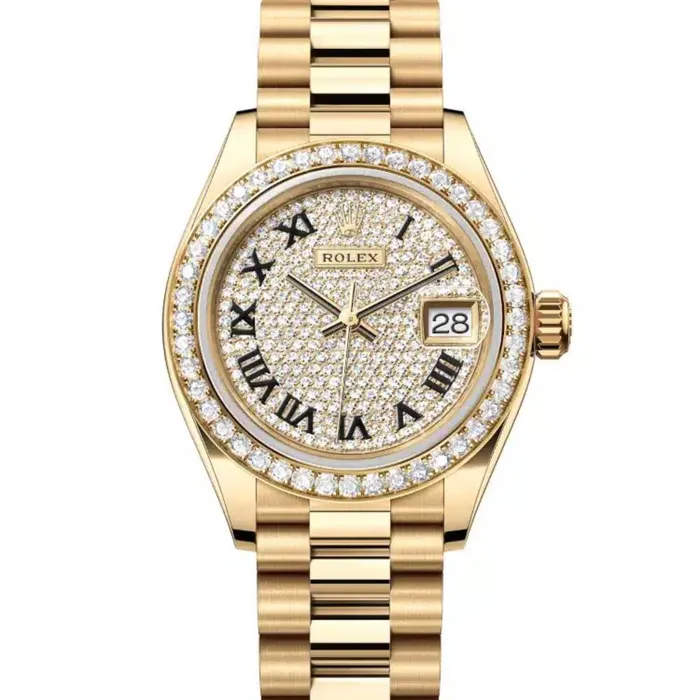 Bracelets Rolex Rolex Lady Datejust 28mm Ref 279138rbr0029 Diamond Pave Dial 18K Yellow Gold President Bracelet Womens Watch