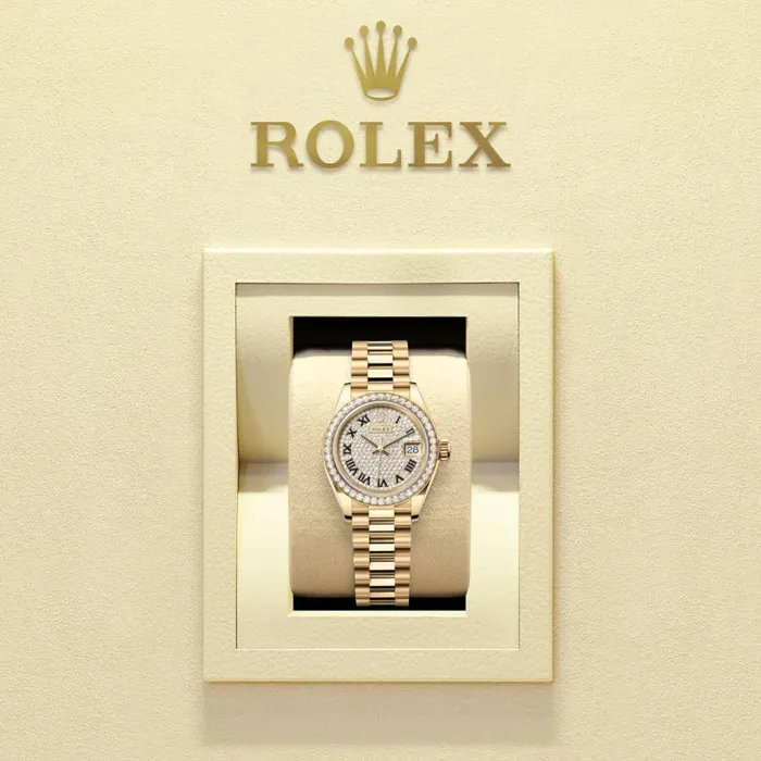 Bracelets Rolex Rolex Lady Datejust 28mm Ref 279138rbr0029 Diamond Pave Dial 18K Yellow Gold President Bracelet Womens Watch