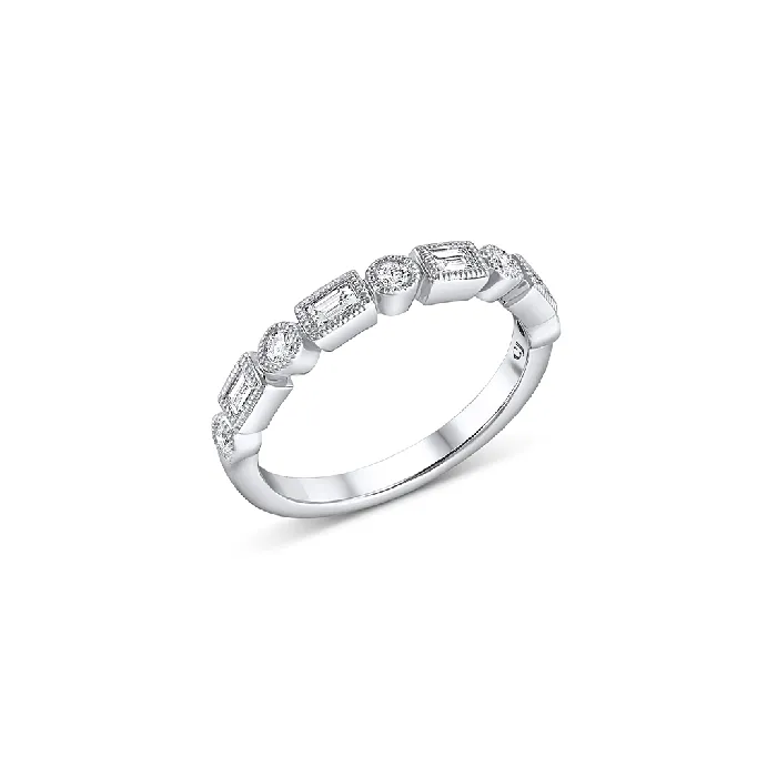 CJ Charles Jewelers Rings 18k White Gold Diamond Baguette and Round Halfway Band
