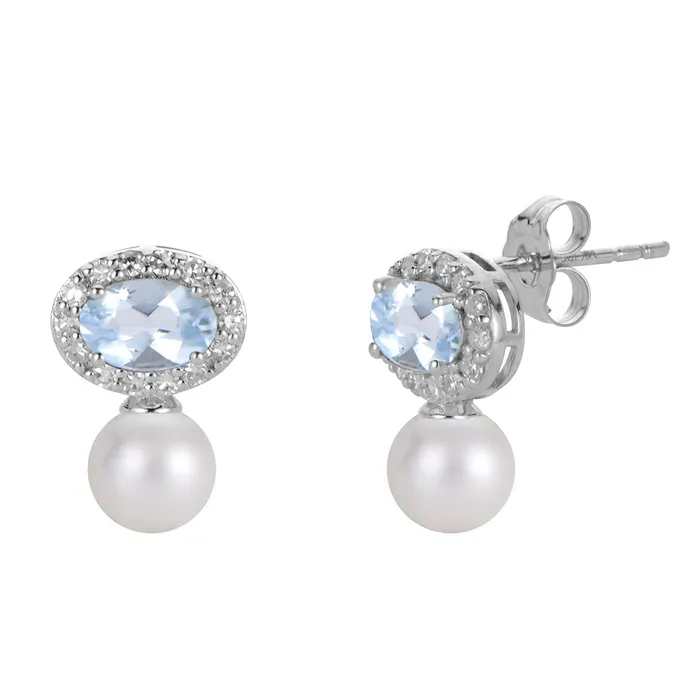 Croghans Earrings Freshwater Pearl Aquamarine Diamond 14K White Gold Earrings Croghans Earrings Freshwater Pearl Aquamarine Diamond 14K White Gold Earrings