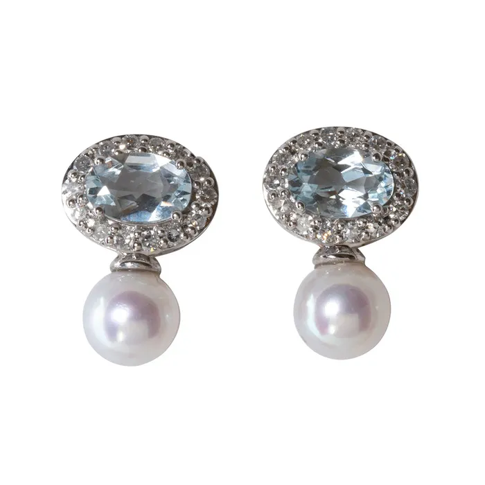 Croghans Earrings Freshwater Pearl Aquamarine Diamond 14K White Gold Earrings