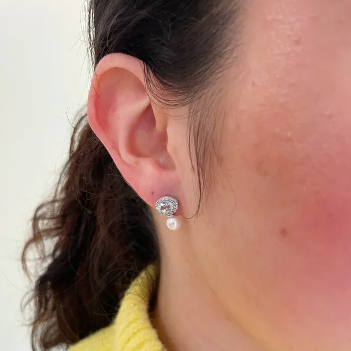Croghans Earrings Freshwater Pearl Aquamarine Diamond 14K White Gold Earrings