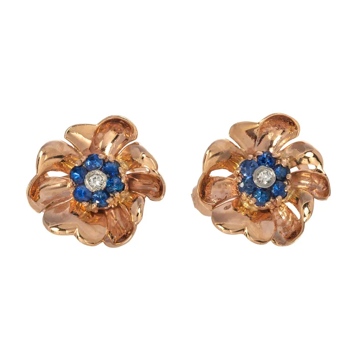 Croghans Earrings Vintage Sapphire Diamond 14K Rose Gold Flower Earrings